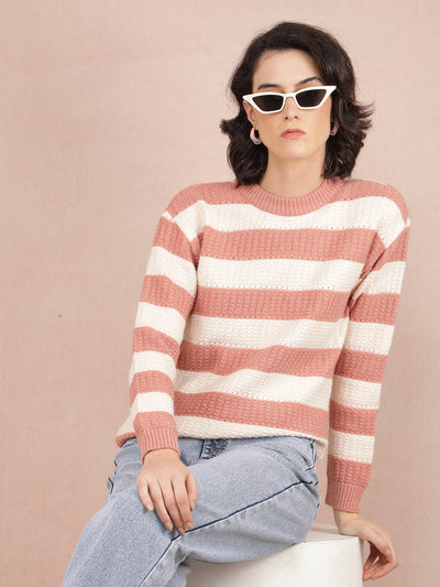 Peach Horizontal Striped Acrylic Sweater-Women Sweaters-Crimsoune Club