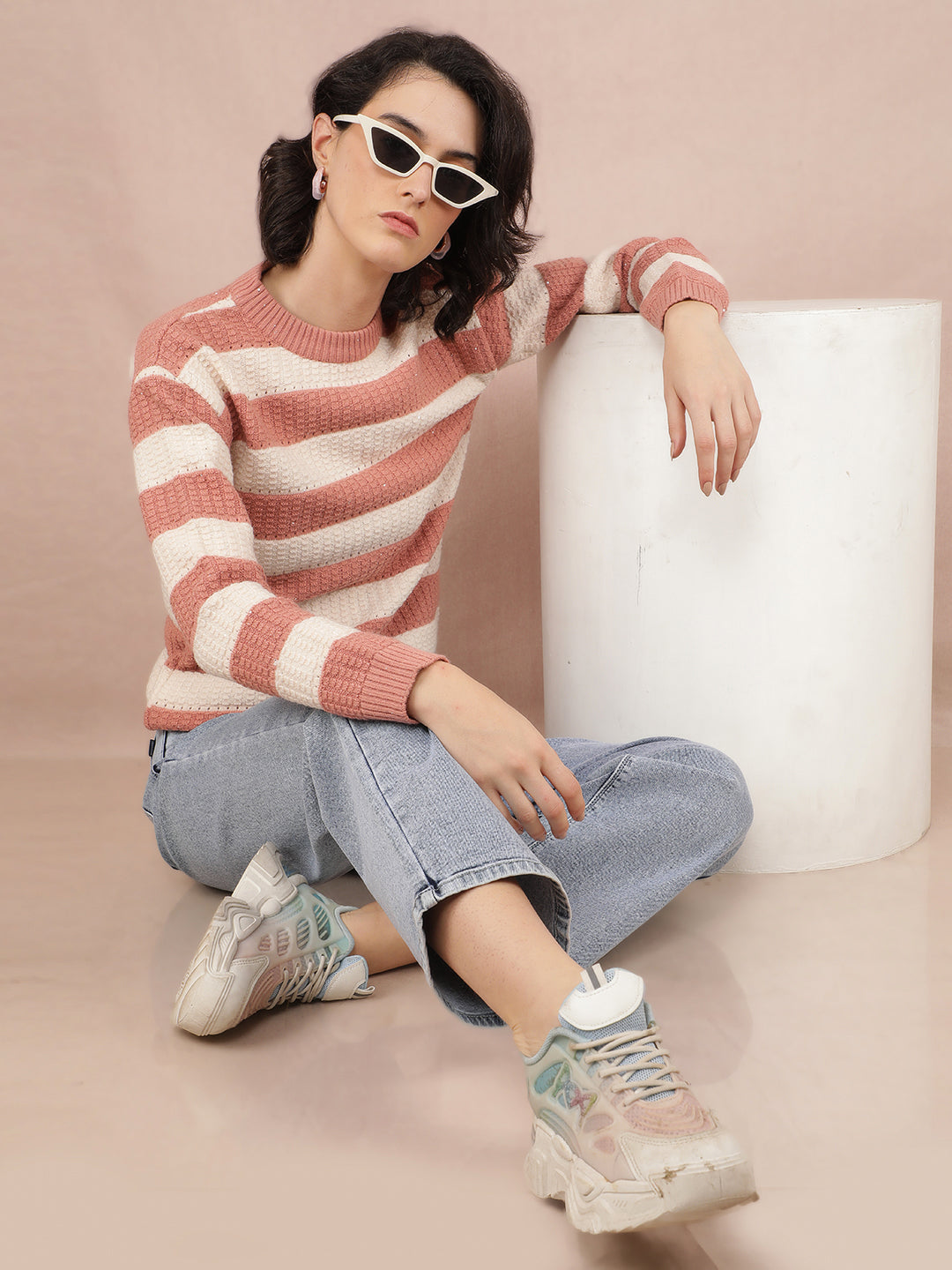 Peach Horizontal Striped Acrylic Sweater-Women Sweaters-Crimsoune Club