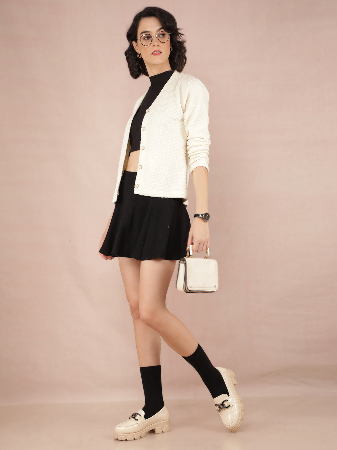 Cream V-Neck Cardigan-Women Sweaters-Crimsoune Club