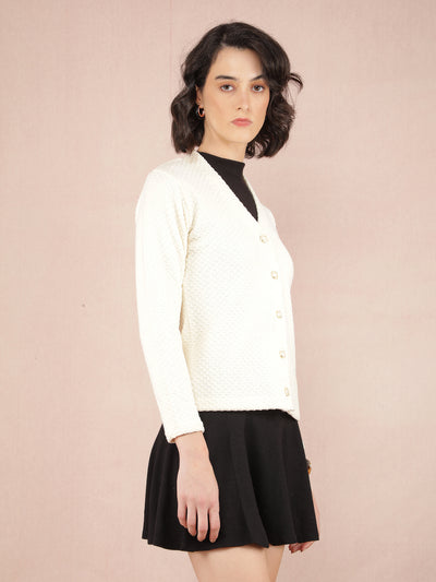 Cream V-Neck Cardigan-Women Sweaters-Crimsoune Club