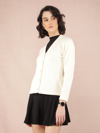 Cream V-Neck Cardigan-Women Sweaters-Crimsoune Club