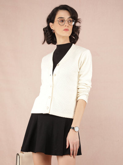 Cream V-Neck Cardigan-Women Sweaters-Crimsoune Club