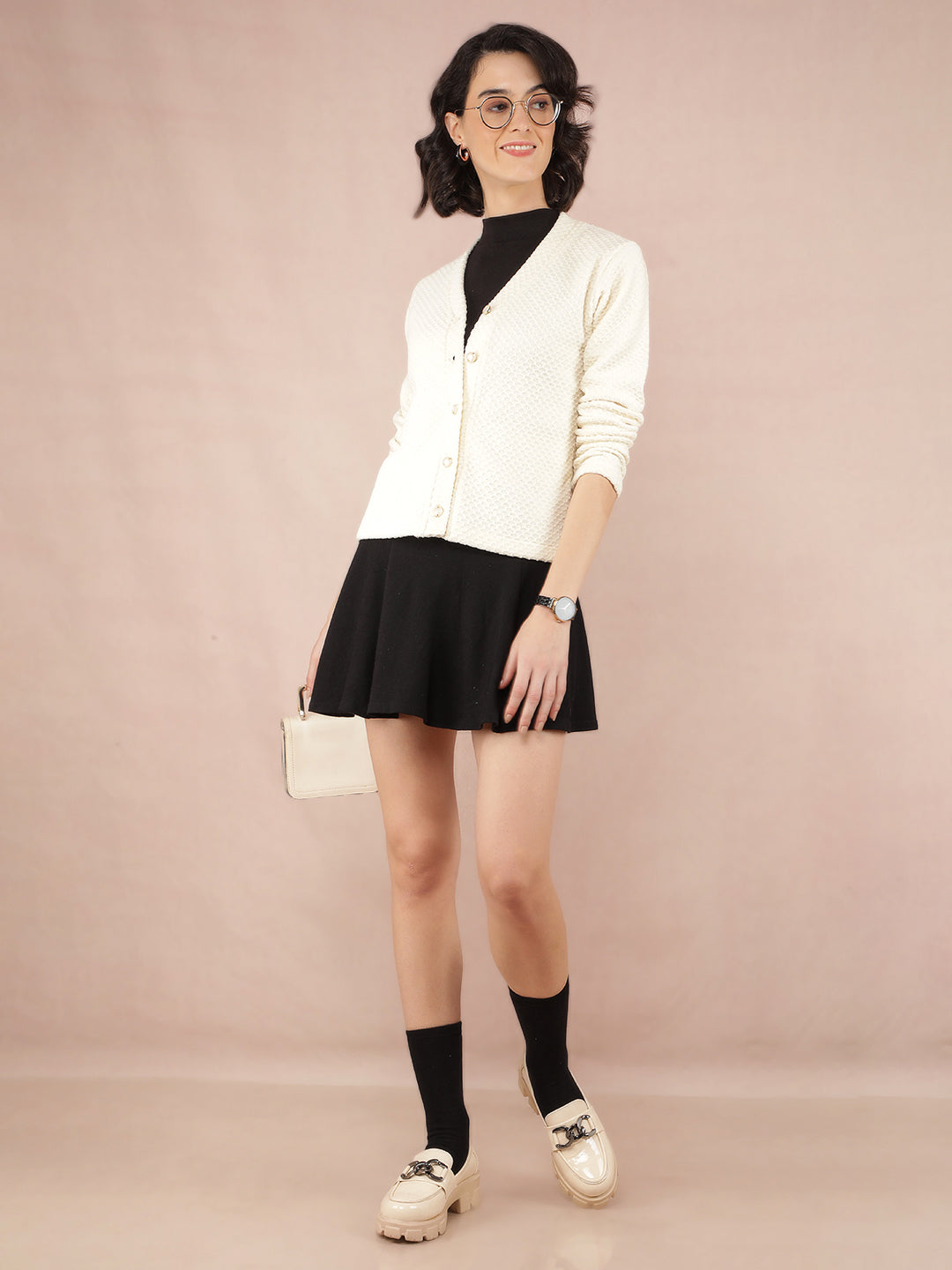 Cream V-Neck Cardigan-Women Sweaters-Crimsoune Club