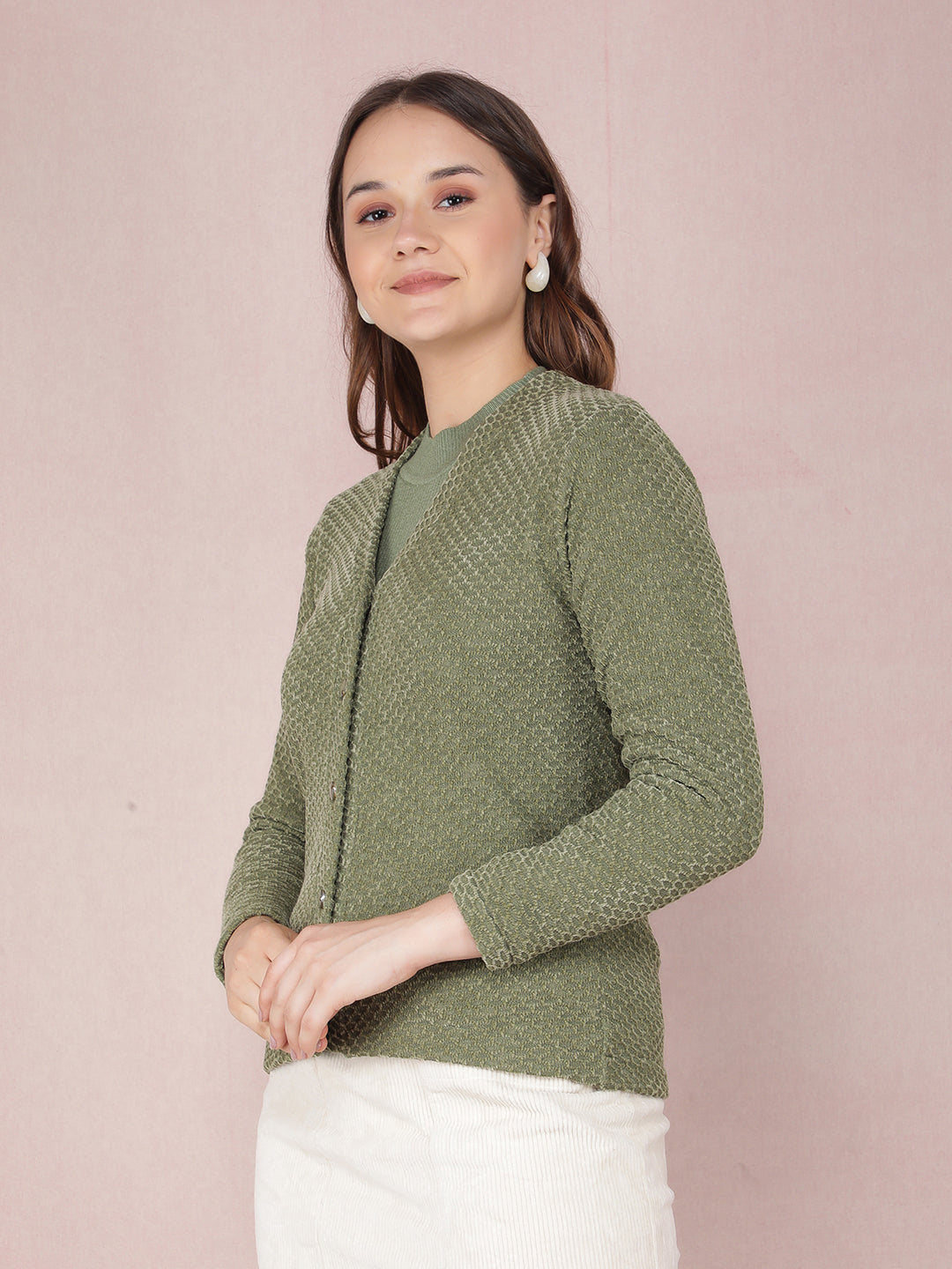 Green V-Neck Cardigan-Women Sweaters-Crimsoune Club