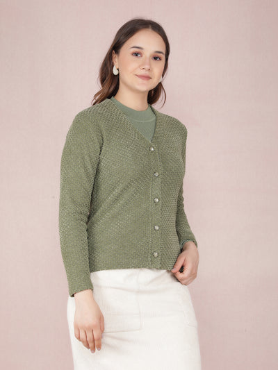 Green V-Neck Cardigan-Women Sweaters-Crimsoune Club