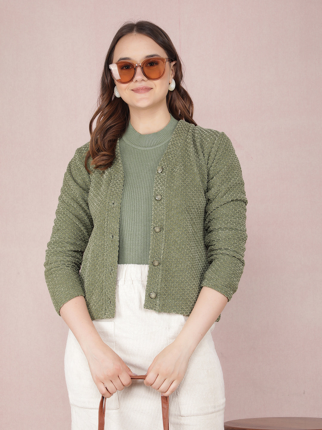 Green V-Neck Cardigan-Women Sweaters-Crimsoune Club