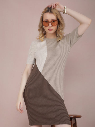 Brown Color-Blocked Long Length Sweater-Women Sweaters-Crimsoune Club