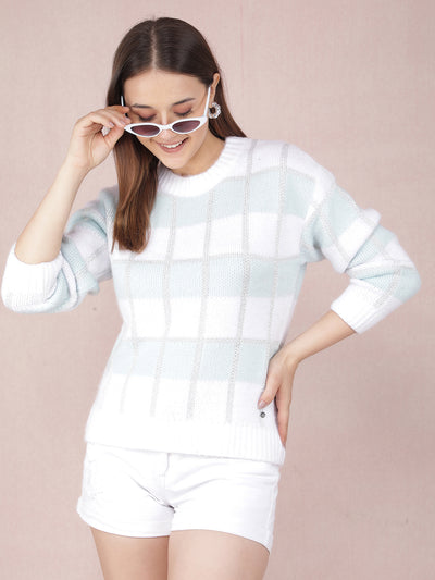 Blue Vertical Striped Acrylic Sweater-Women Sweaters-Crimsoune Club