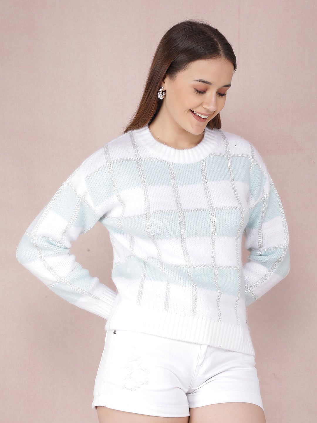 Blue Vertical Striped Acrylic Sweater-Women Sweaters-Crimsoune Club