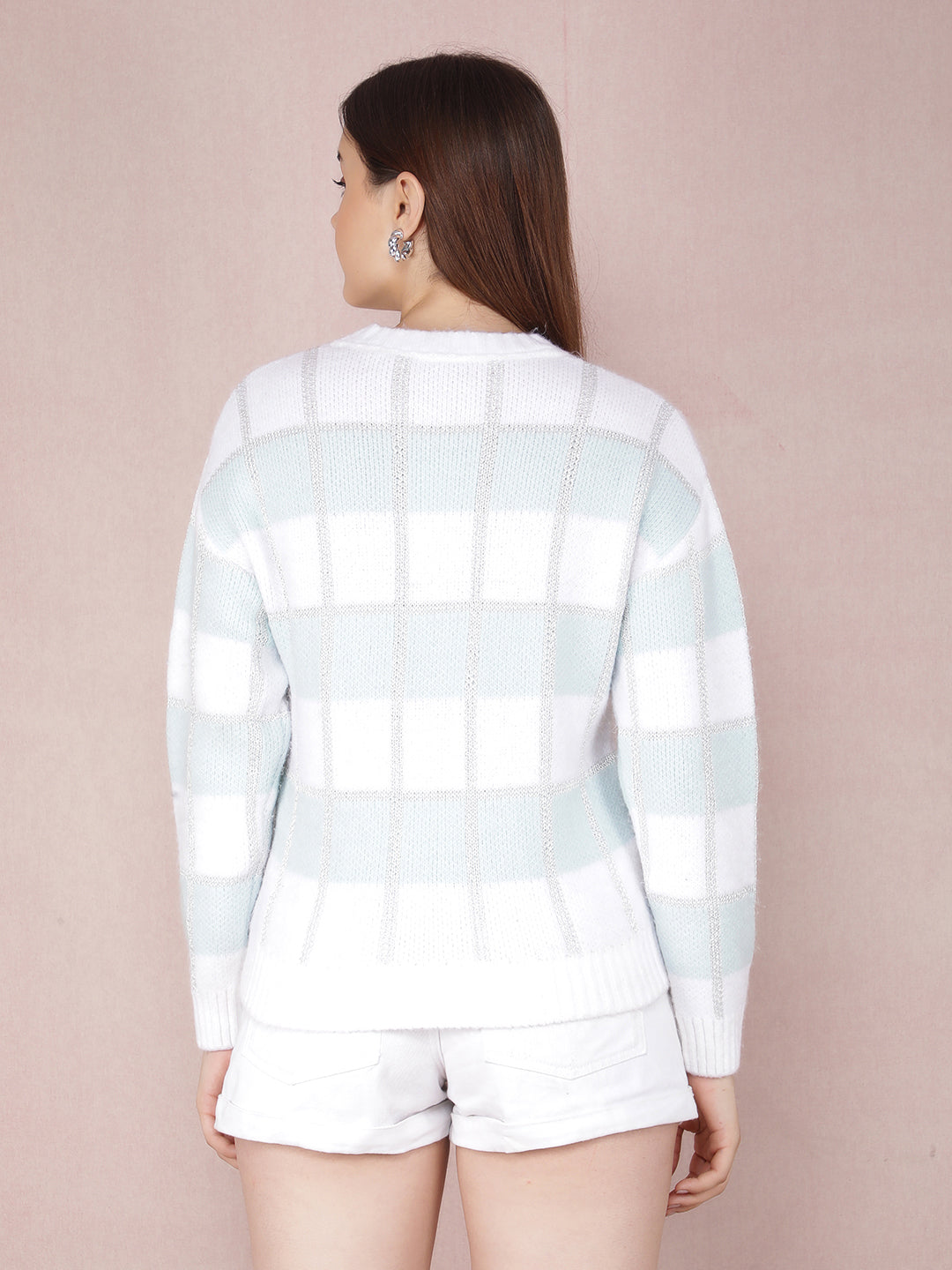 Blue Vertical Striped Acrylic Sweater-Women Sweaters-Crimsoune Club