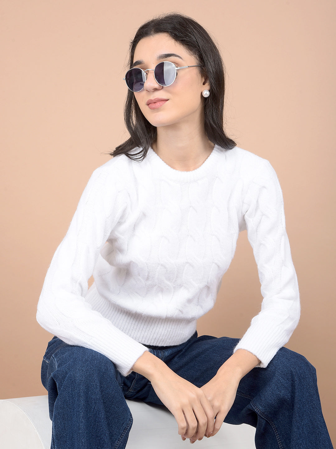 White Jacquard Sweater-Women Sweaters-Crimsoune Club