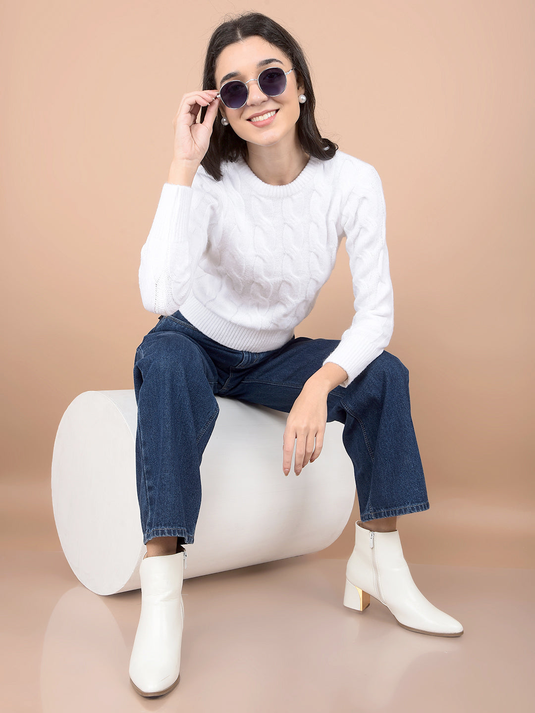 White Jacquard Sweater-Women Sweaters-Crimsoune Club