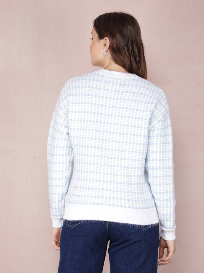 Blue Jacquard Acrylic Sweater-Women Sweaters-Crimsoune Club