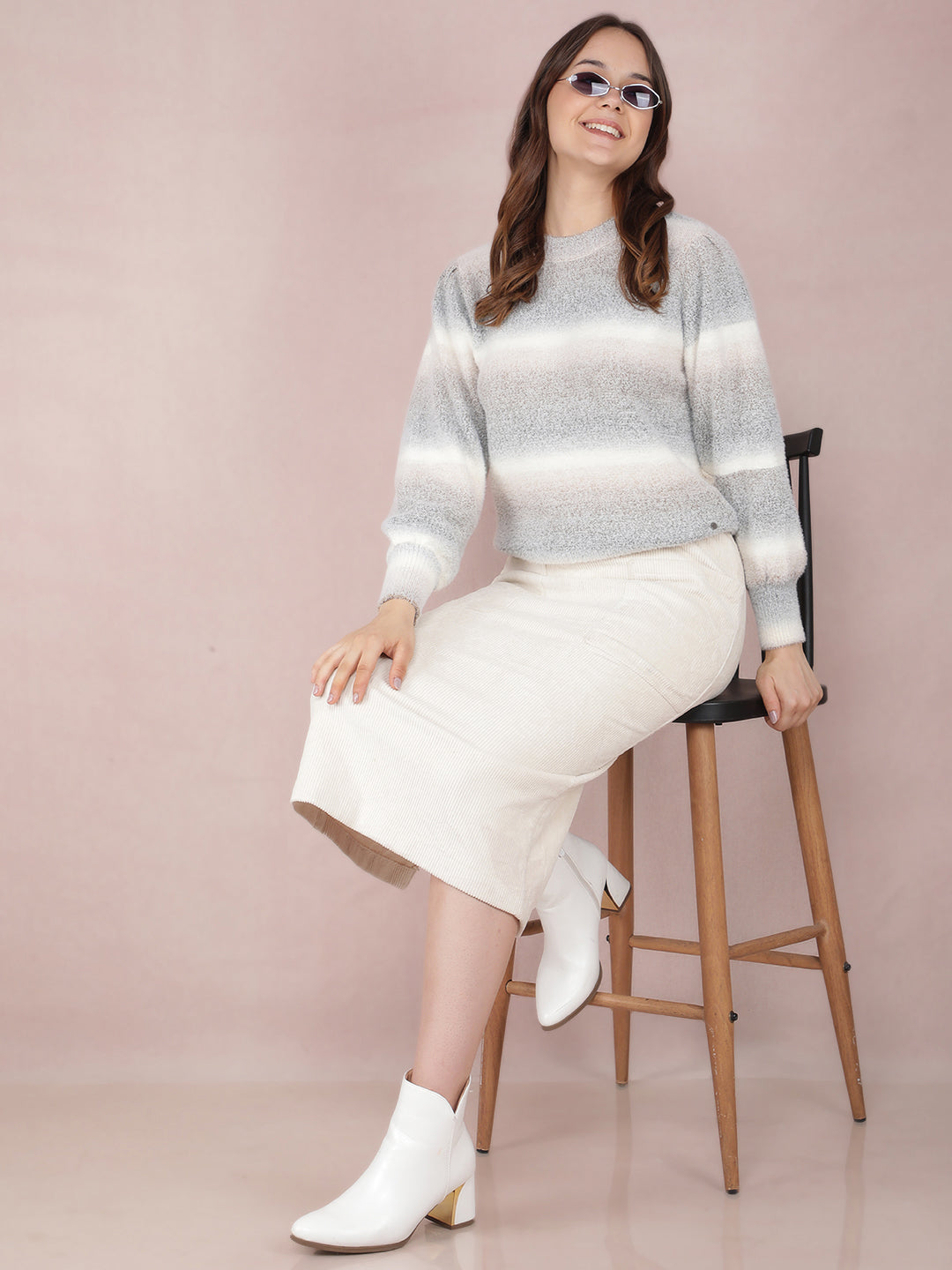 Grey Horizontal Striped Sweater-Women Sweaters-Crimsoune Club