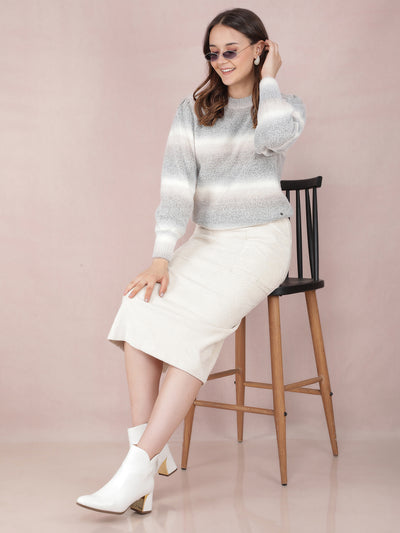 Grey Horizontal Striped Sweater-Women Sweaters-Crimsoune Club