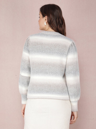 Grey Horizontal Striped Sweater-Women Sweaters-Crimsoune Club