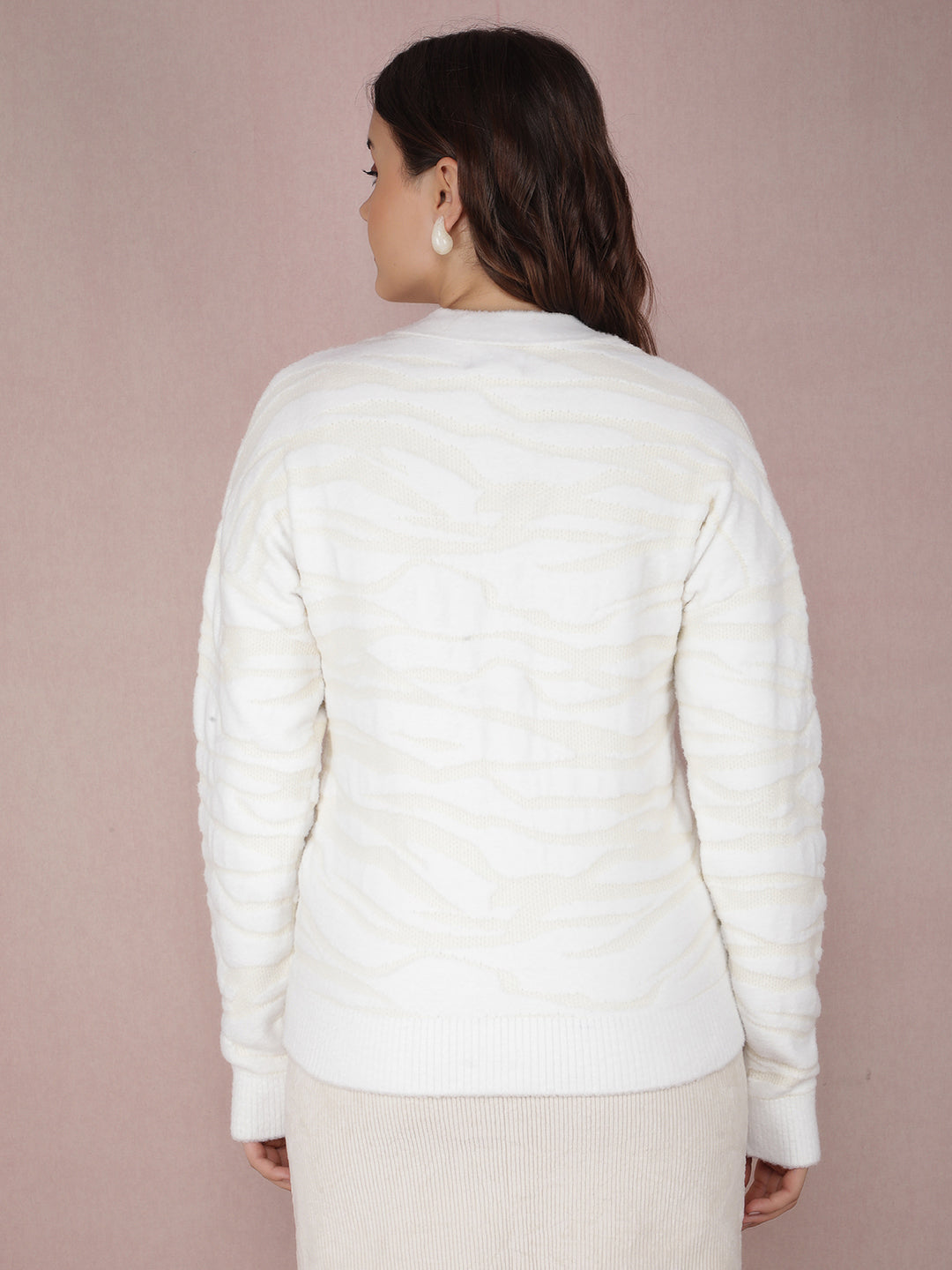 White Printed V-Neck Cardigan-Women Sweaters-Crimsoune Club