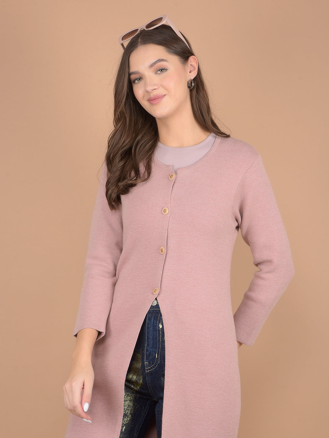 Pink Knee Length Cardigan-Women Sweaters-Crimsoune Club