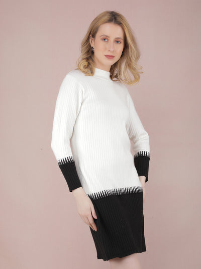 White Color-Blocked High Neck Knitted Dress-Women Dresses-Crimsoune Club