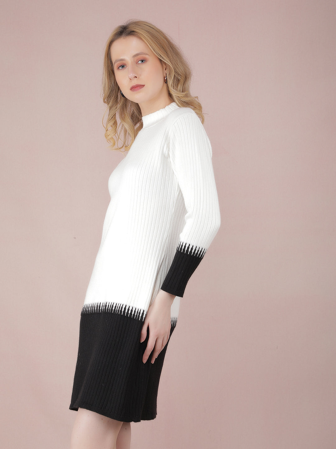 White Color-Blocked High Neck Knitted Dress-Women Dresses-Crimsoune Club