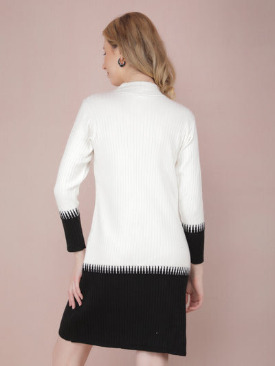 White Color-Blocked High Neck Knitted Dress-Women Dresses-Crimsoune Club