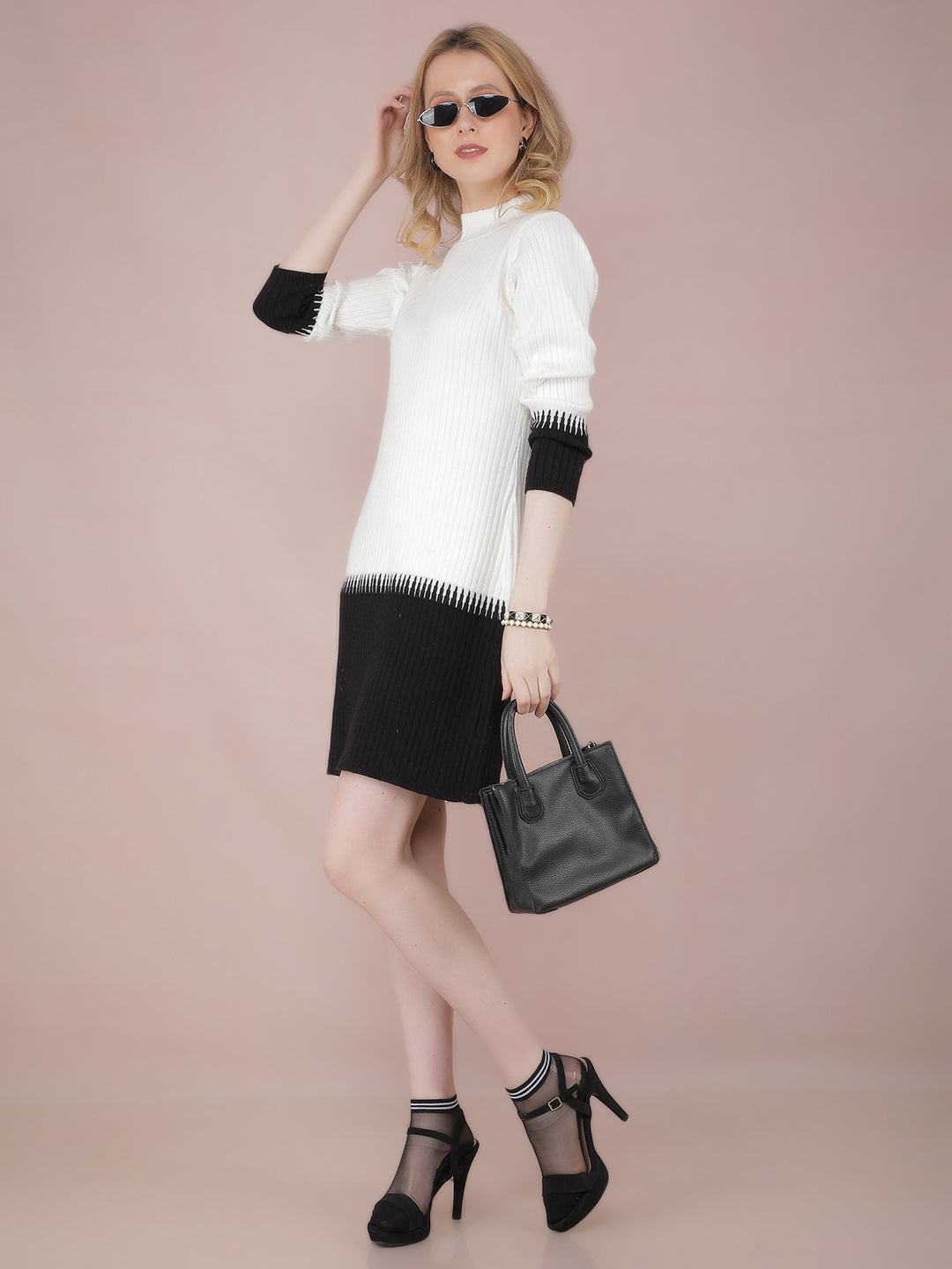 White Color-Blocked High Neck Knitted Dress-Women Dresses-Crimsoune Club