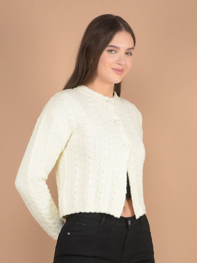 Off White Embellished Cardigan-Women Sweaters-Crimsoune Club