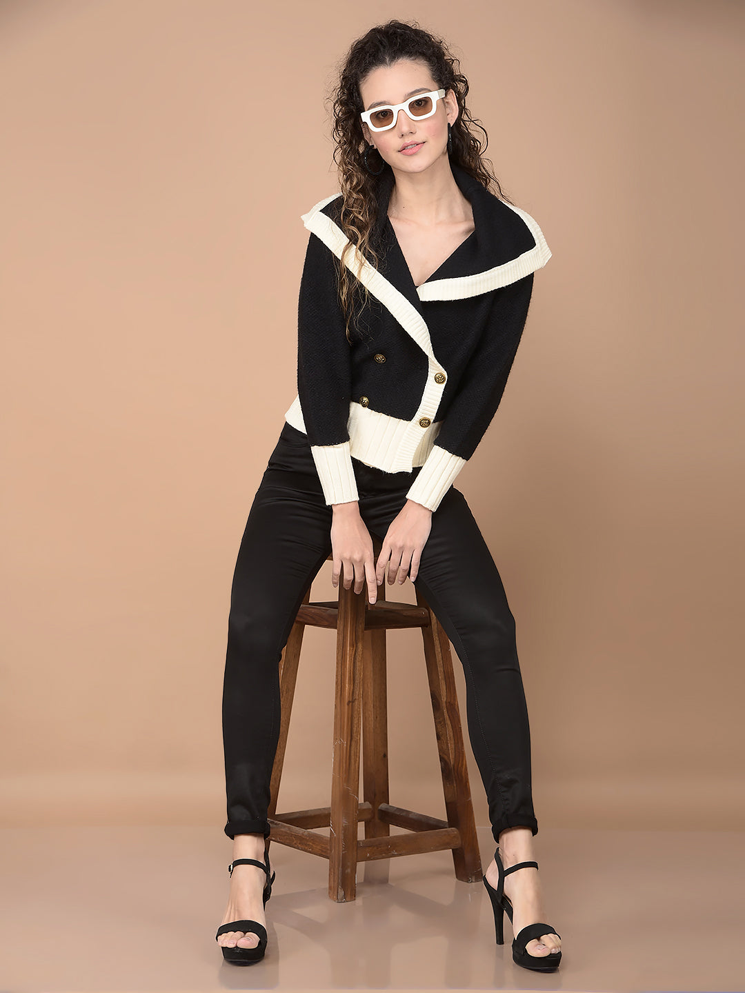 Black Color-Blocked 100% Acrylic Cardigan