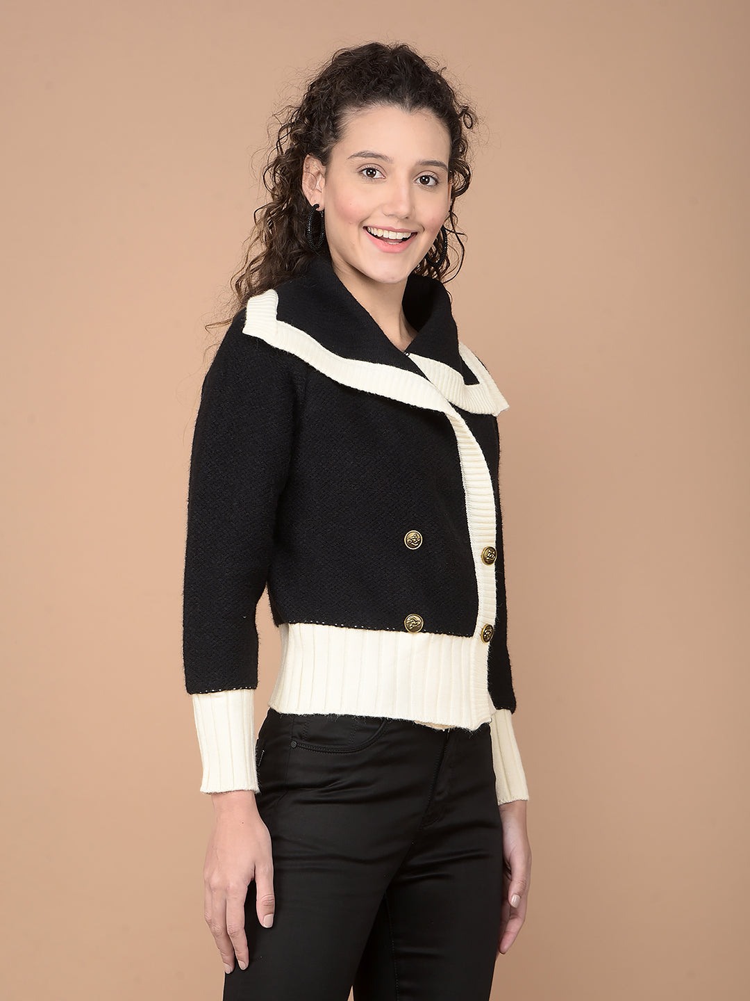 Black Color-Blocked 100% Acrylic Cardigan