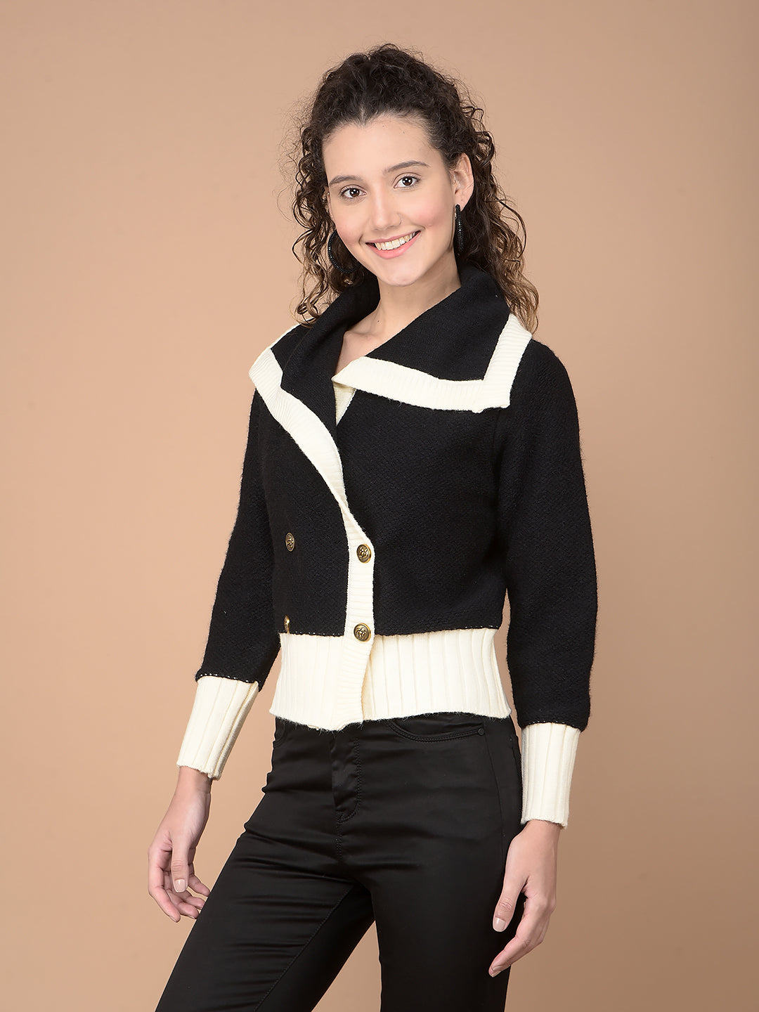 Black Color-Blocked 100% Acrylic Cardigan