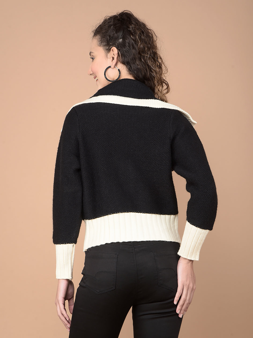 Black Color-Blocked 100% Acrylic Cardigan