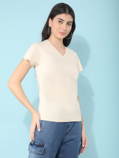 Beige V-Neck T-Shirt-Women T-Shirts-Crimsoune Club