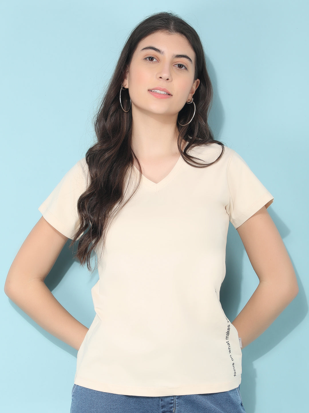 Beige V-Neck T-Shirt-Women T-Shirts-Crimsoune Club