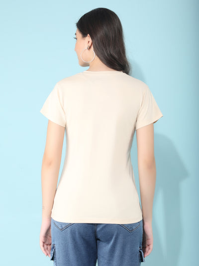 Beige V-Neck T-Shirt-Women T-Shirts-Crimsoune Club