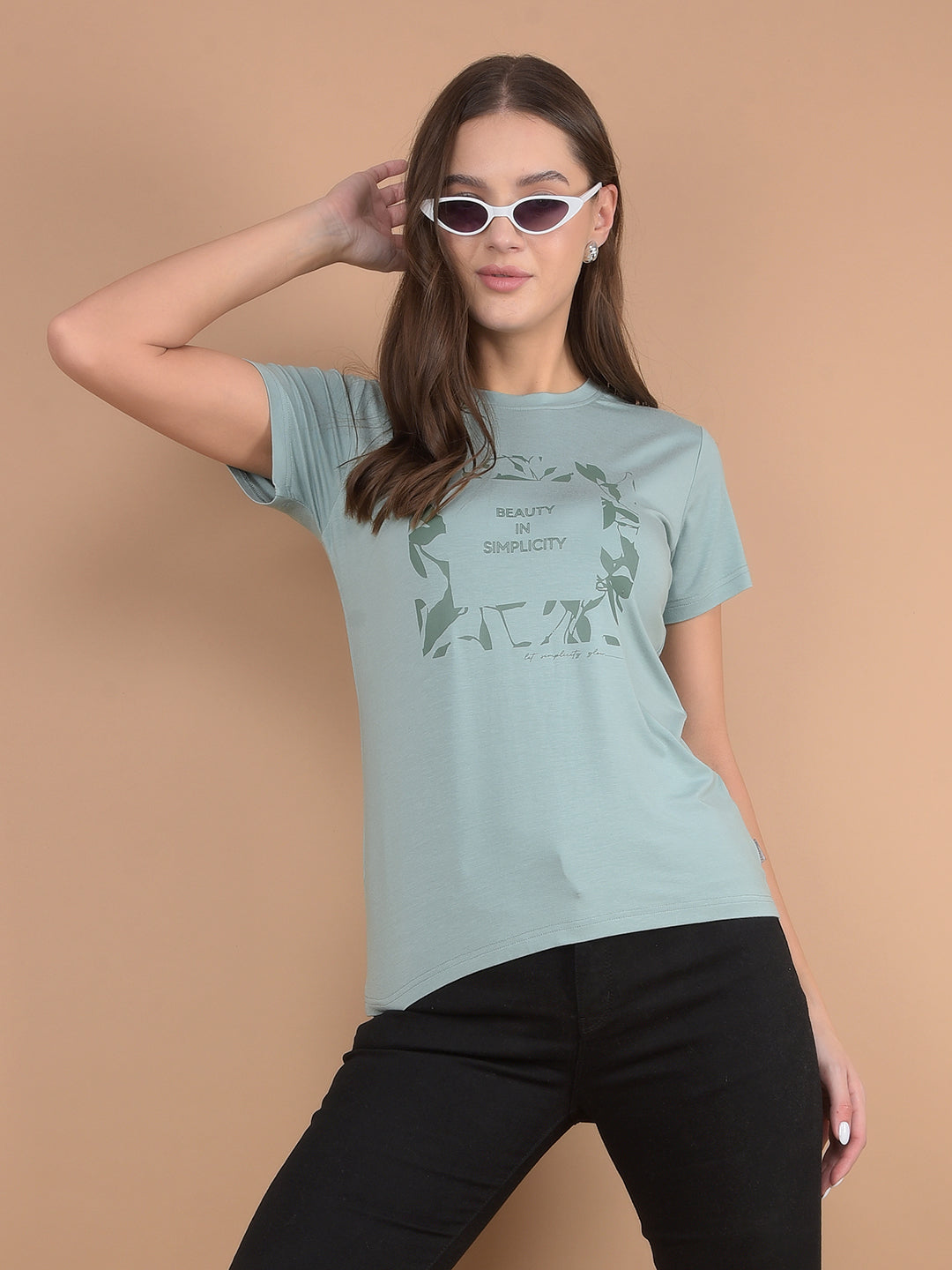 Green Floral Print T-Shirt-Women T-shirts-Crimsoune Club