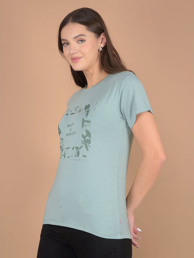 Green Floral Print T-Shirt-Women T-shirts-Crimsoune Club