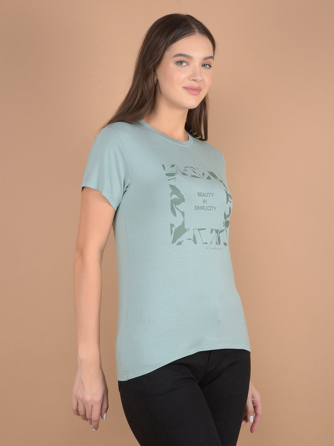 Green Floral Print T-Shirt-Women T-shirts-Crimsoune Club