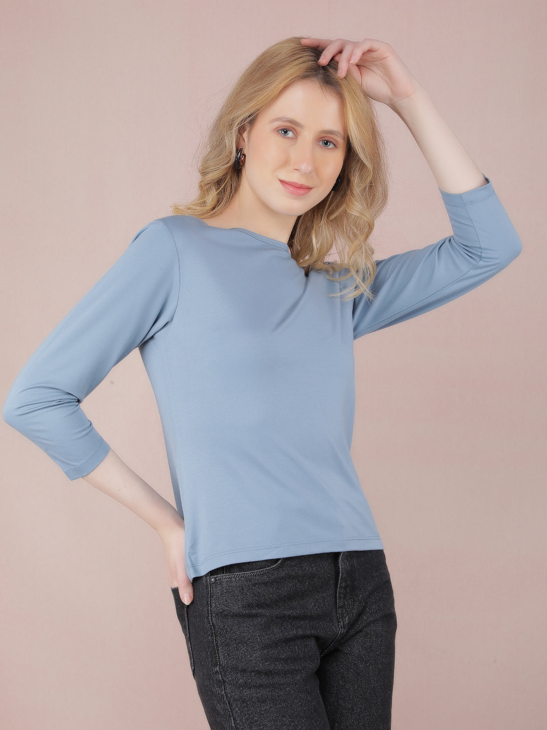 Blue Crop Length T-Shirt-Women T-Shirts-Crimsoune Club