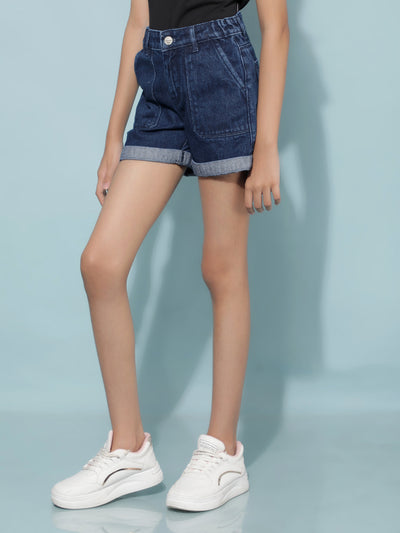 Navy Blue Denim Hot Pants-Girls Shorts-Crimsoune Club