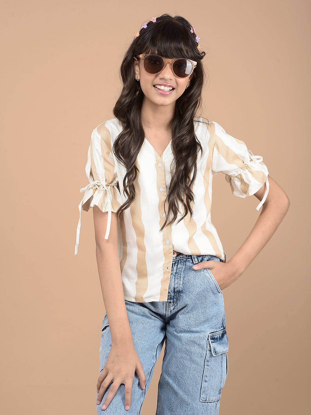 Beige Vertical Stripes Top