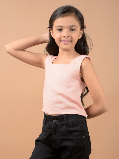 Peach Square Neck Sleeveless Linen Top-Girls Tops-Crimsoune Club