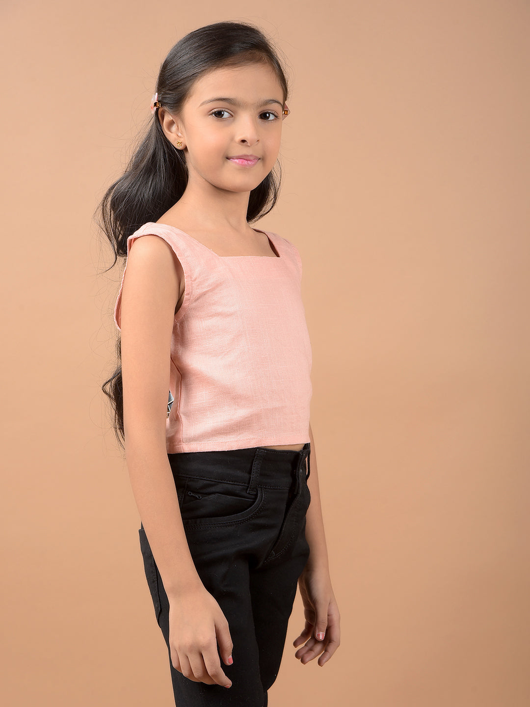 Peach Square Neck Sleeveless Linen Top-Girls Tops-Crimsoune Club