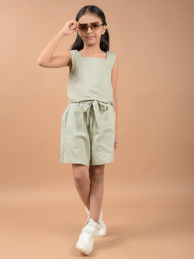 Olive Square Neck Sleeveless Linen Top-Girls Tops-Crimsoune Club