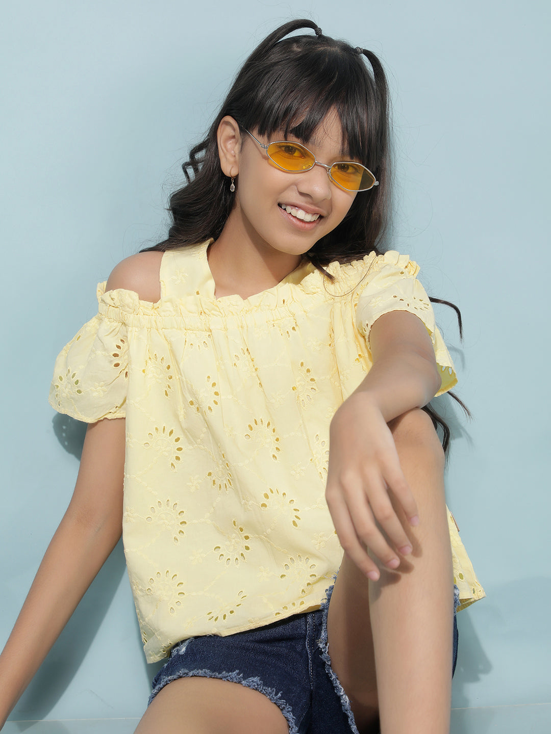 Yellow Embroidered 100% Cotton Top-Girls Tops-Crimsoune Club