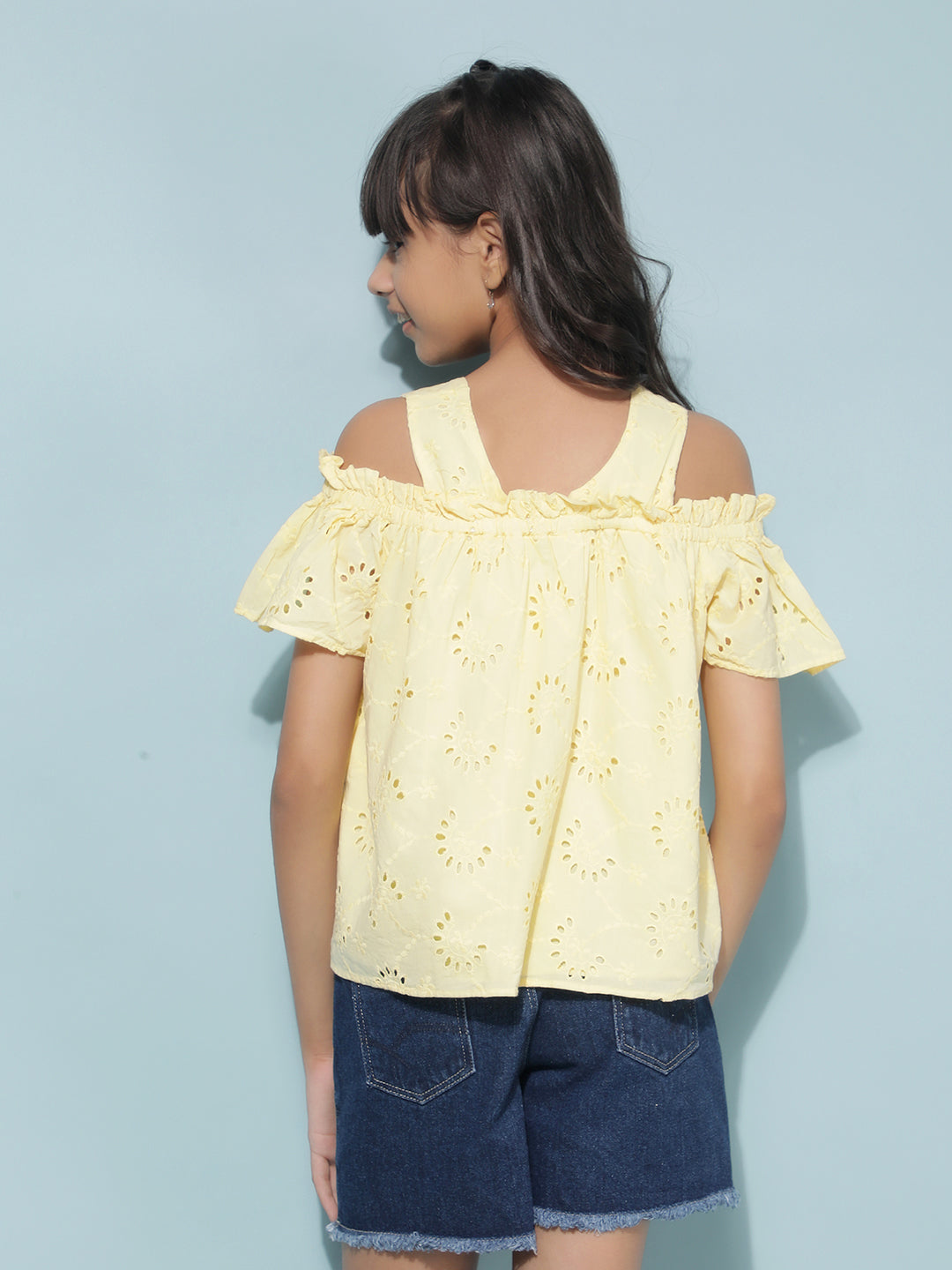 Yellow Embroidered 100% Cotton Top-Girls Tops-Crimsoune Club