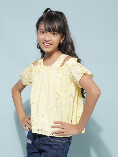 Yellow Embroidered 100% Cotton Top-Girls Tops-Crimsoune Club