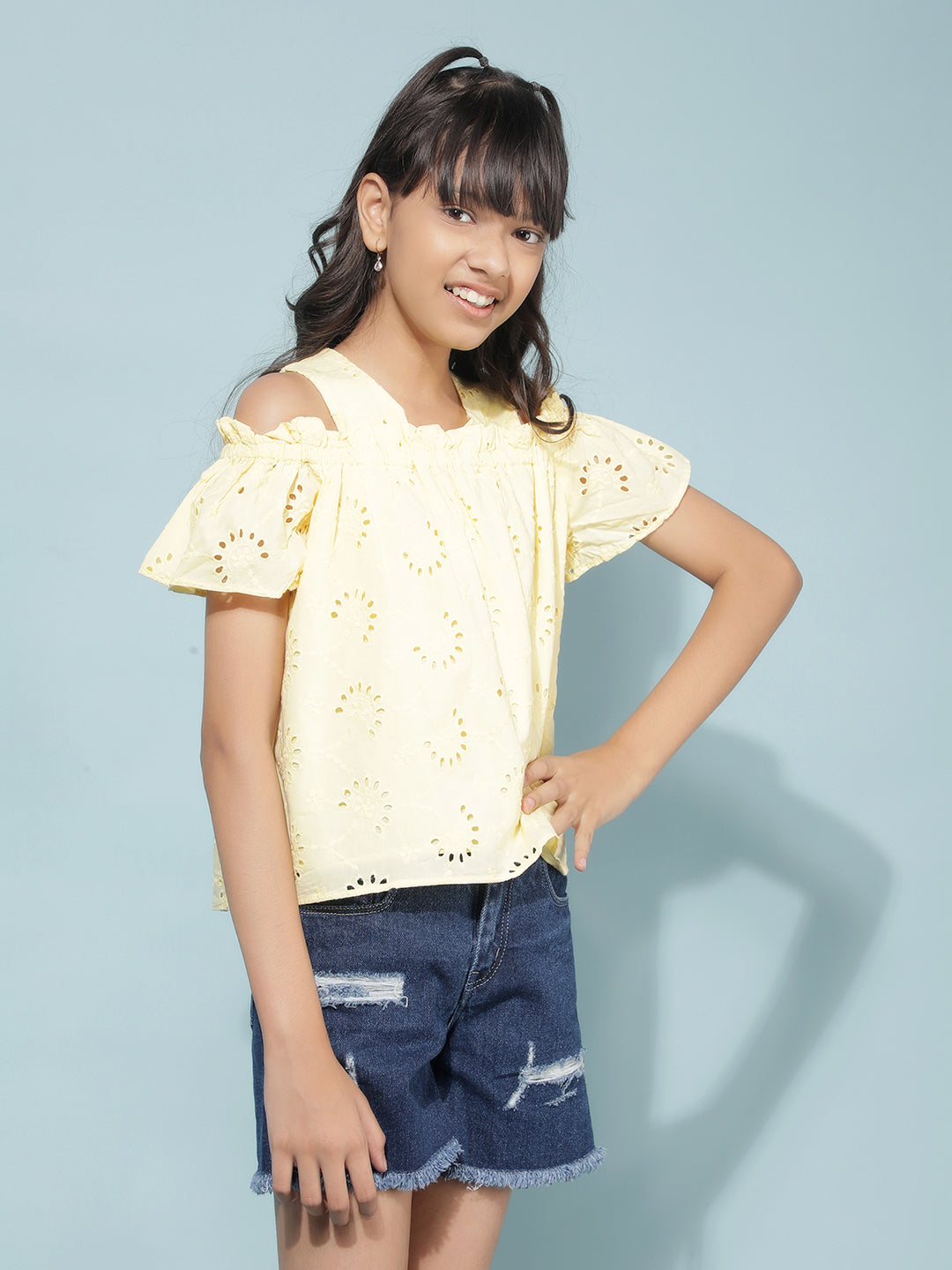 Yellow Embroidered 100% Cotton Top-Girls Tops-Crimsoune Club