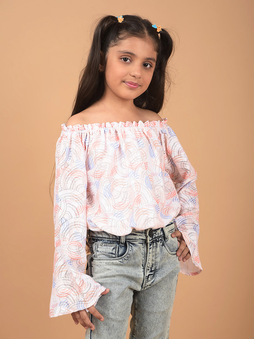 Peach Printed Off Shoulder Crop Length Top