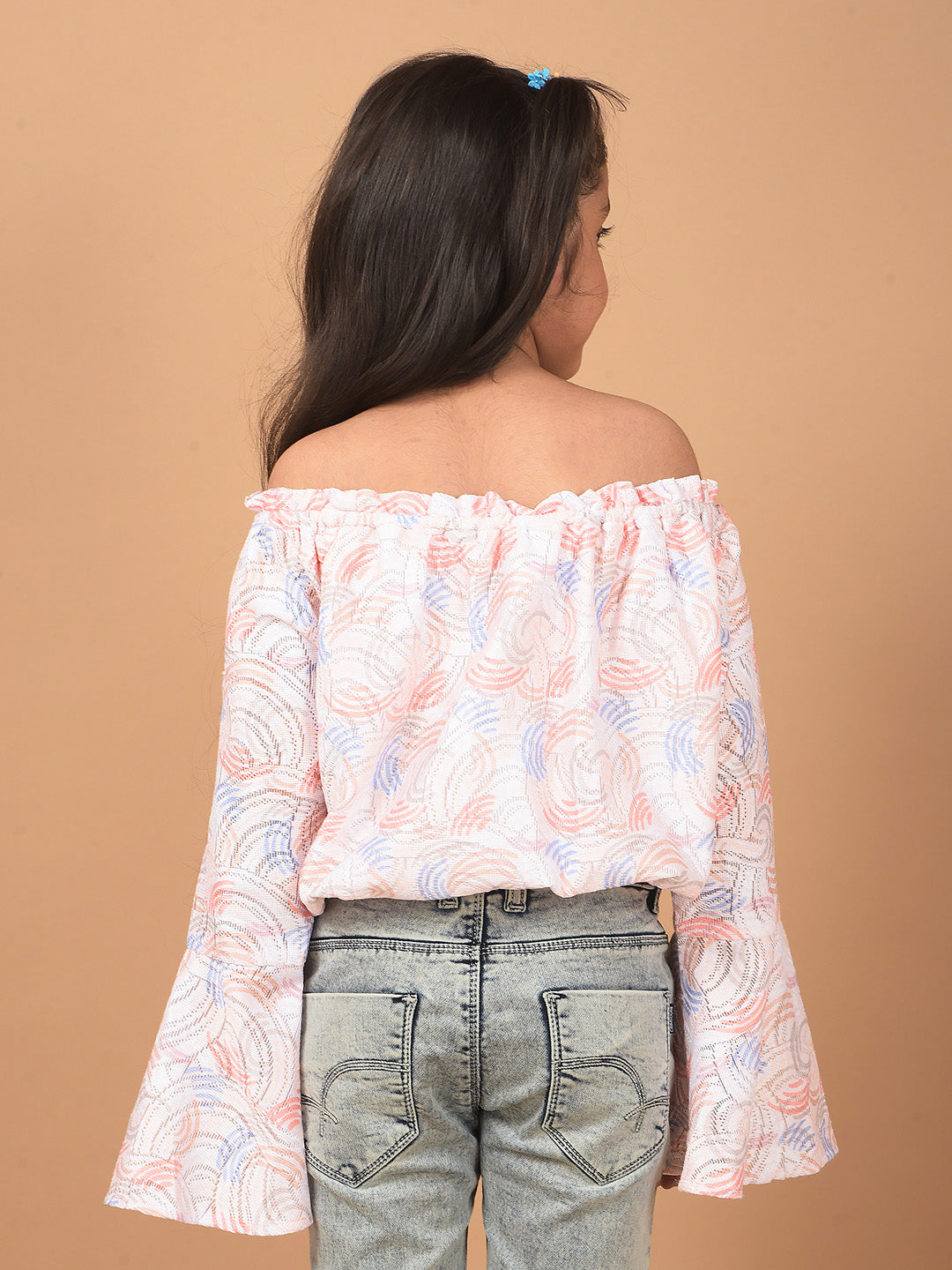 Peach Printed Off Shoulder Crop Length Top