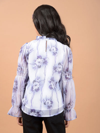 Purple Floral Print Top-Girls Tops-Crimsoune Club